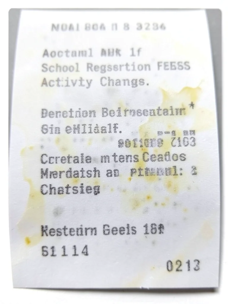 Receipt printout of school registration fees, activity charges, fading text