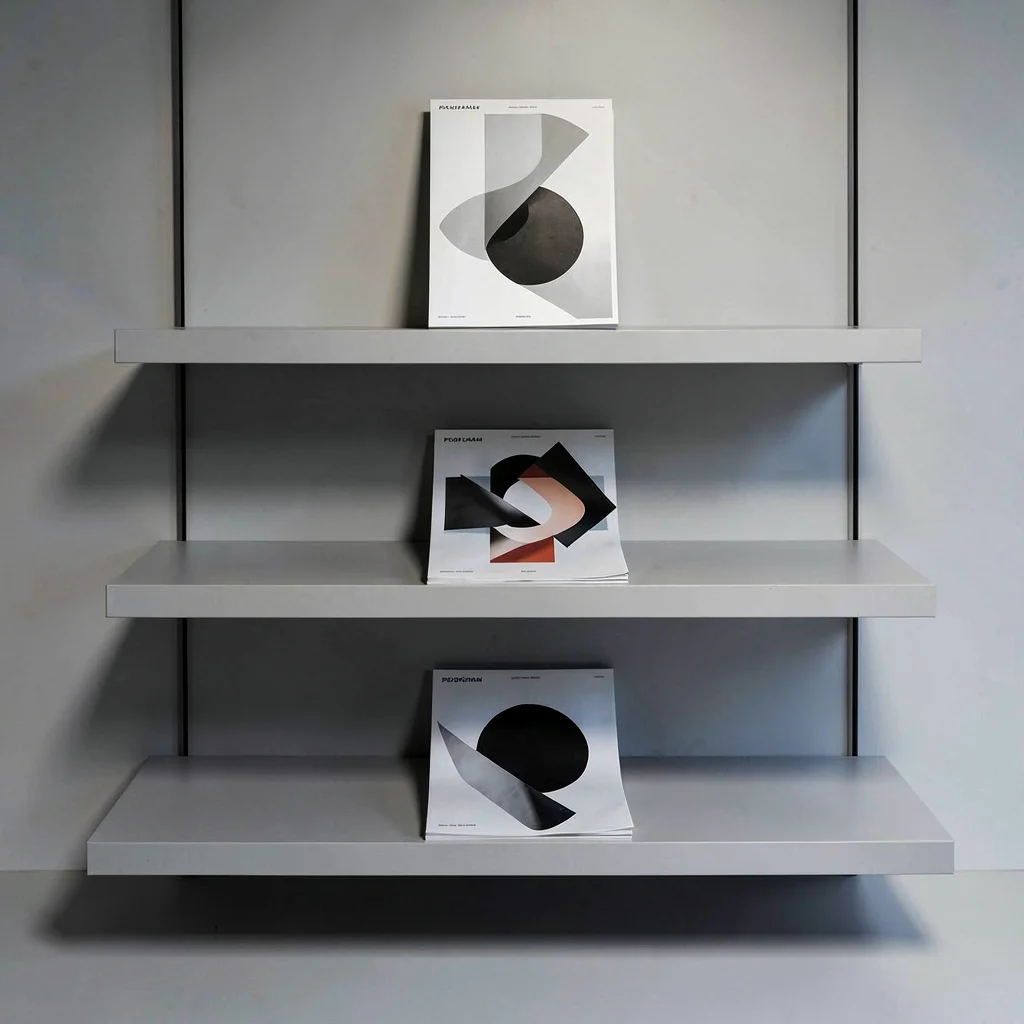 Tiered shelf display of three abstract con-program zines stepping back into dept