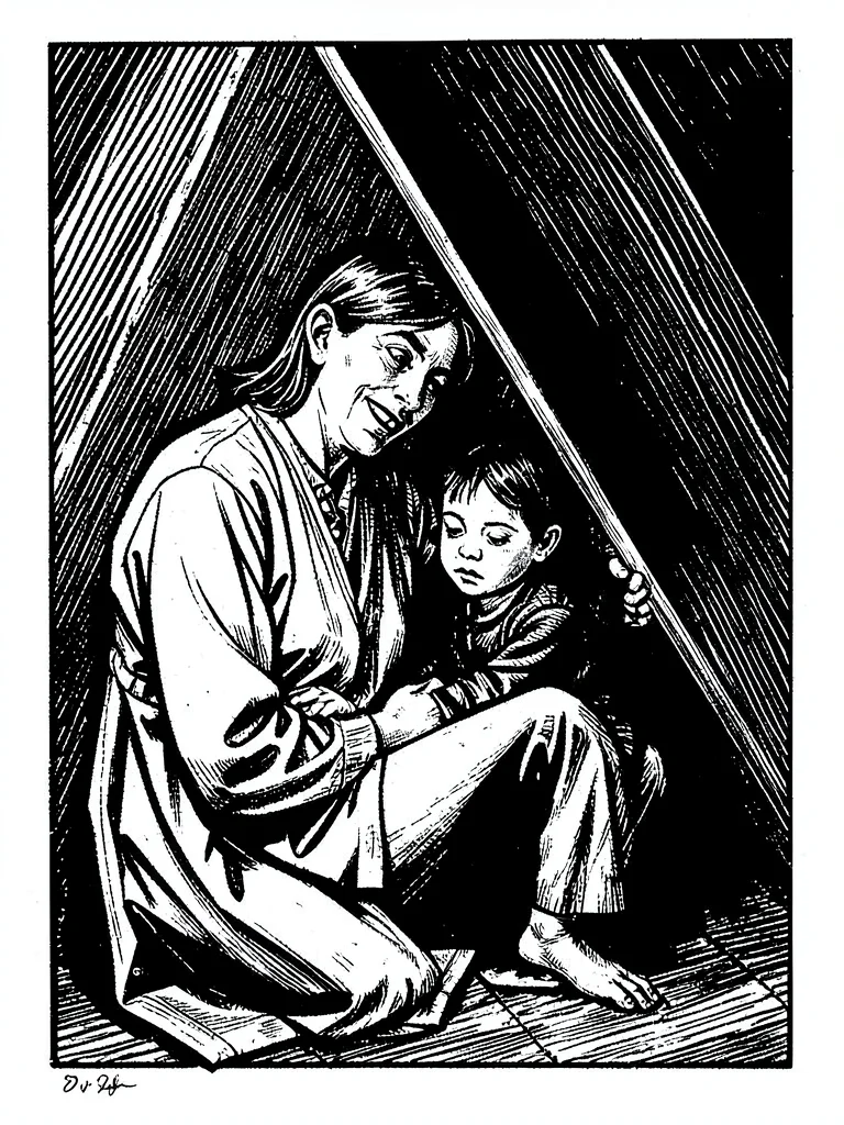 Mother and child huddled together under an angular shadow