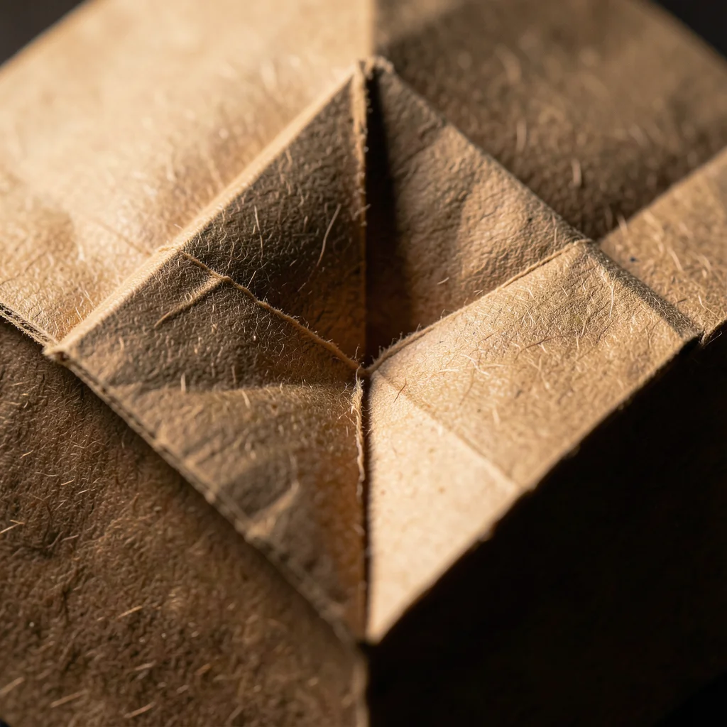 Squash fold diamond shape in kraft brown bag paper, rough fiber torn at stress p