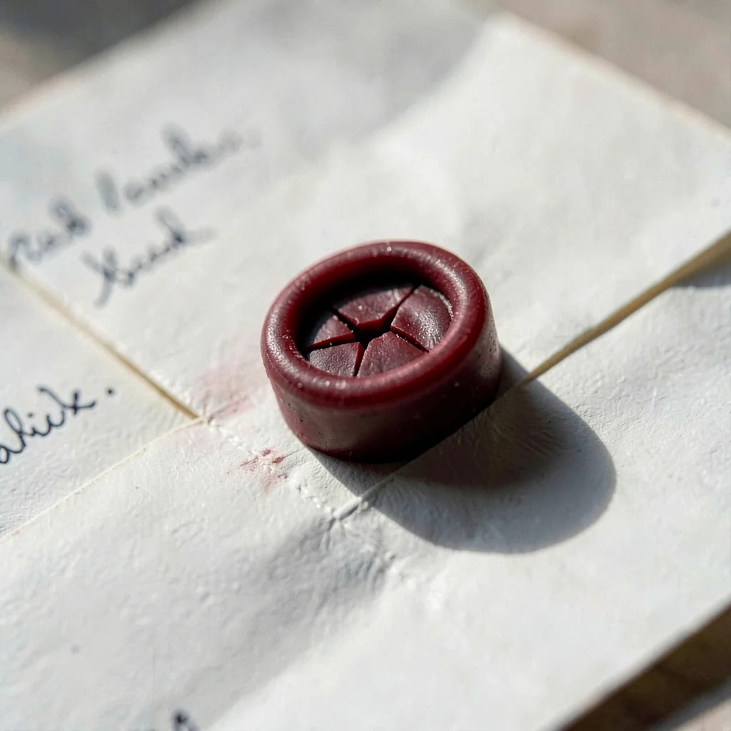 Mineral-cut macro of a cracked red wax seal on a folded letter, deep raking shad