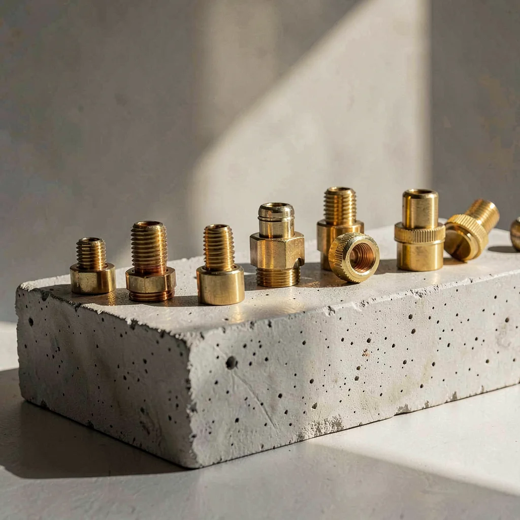 Sculptural lineup of XLR connectors and brass jacks on a chalky concrete plinth,