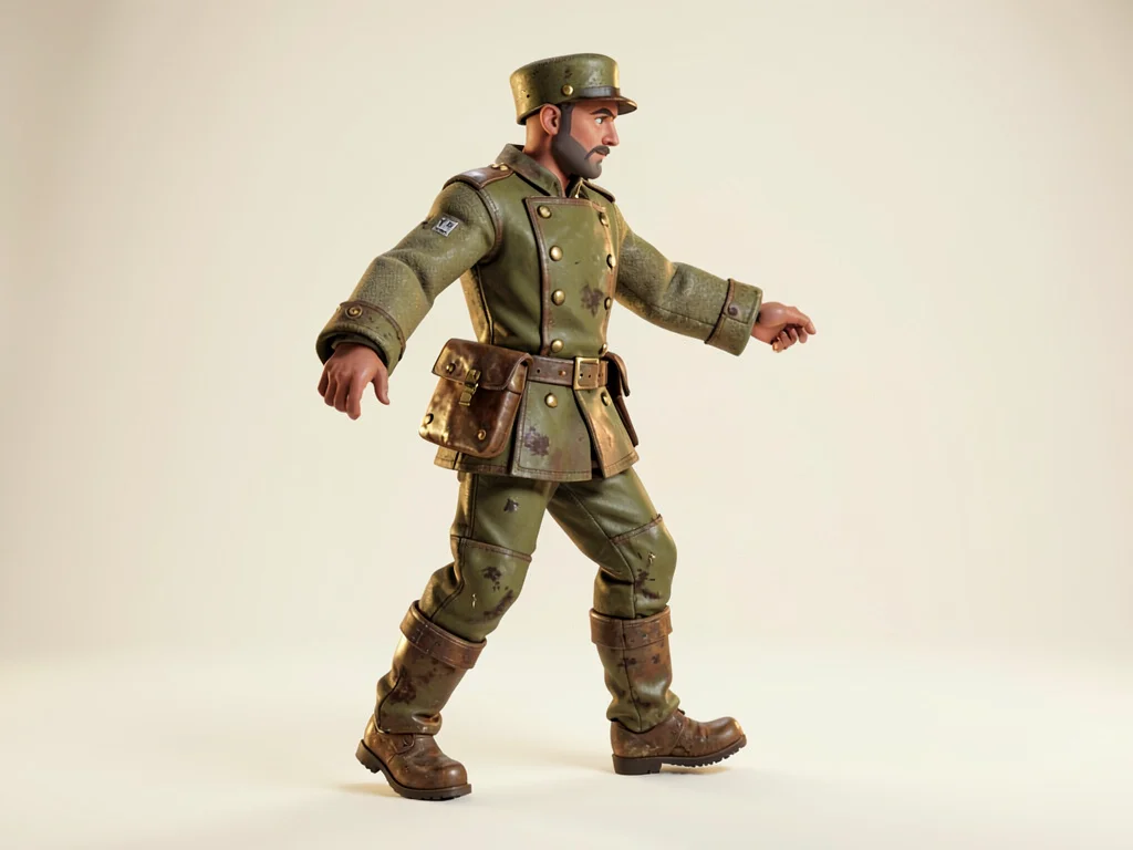 Mid-march in profile, the infantryman swings one wool-coated arm, brass pack-cla