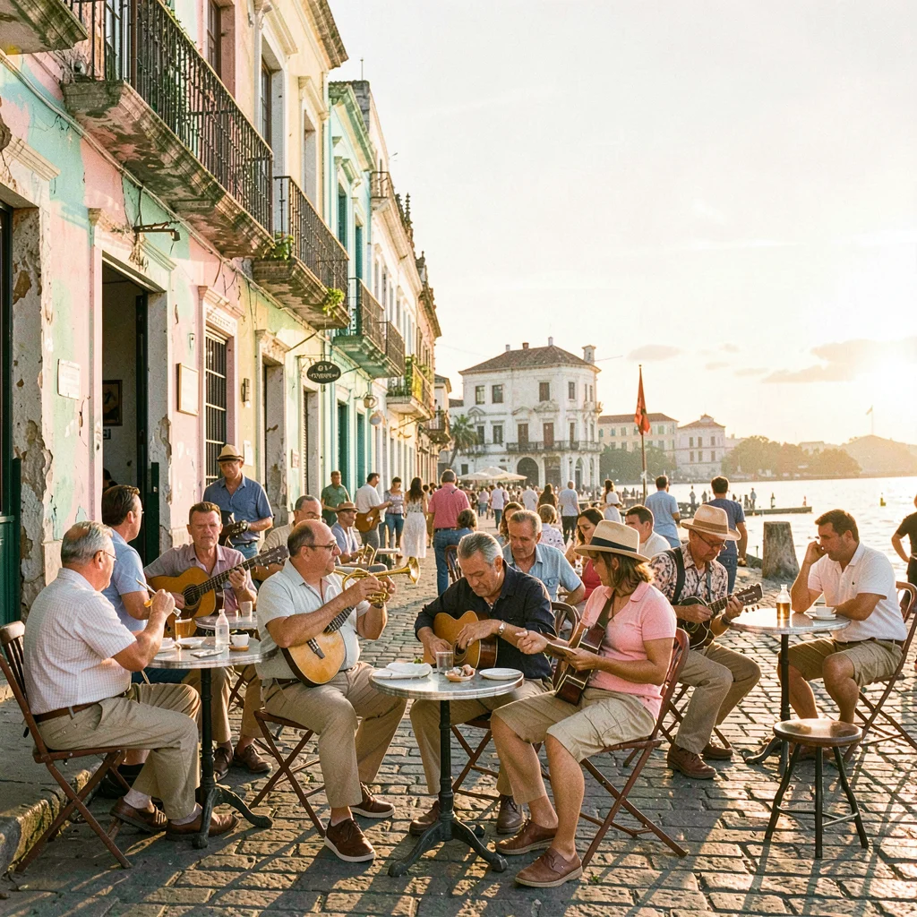 Faded pastel decay of Havana, Cuba, Musicians in Obispo Street cafe, trumpet and