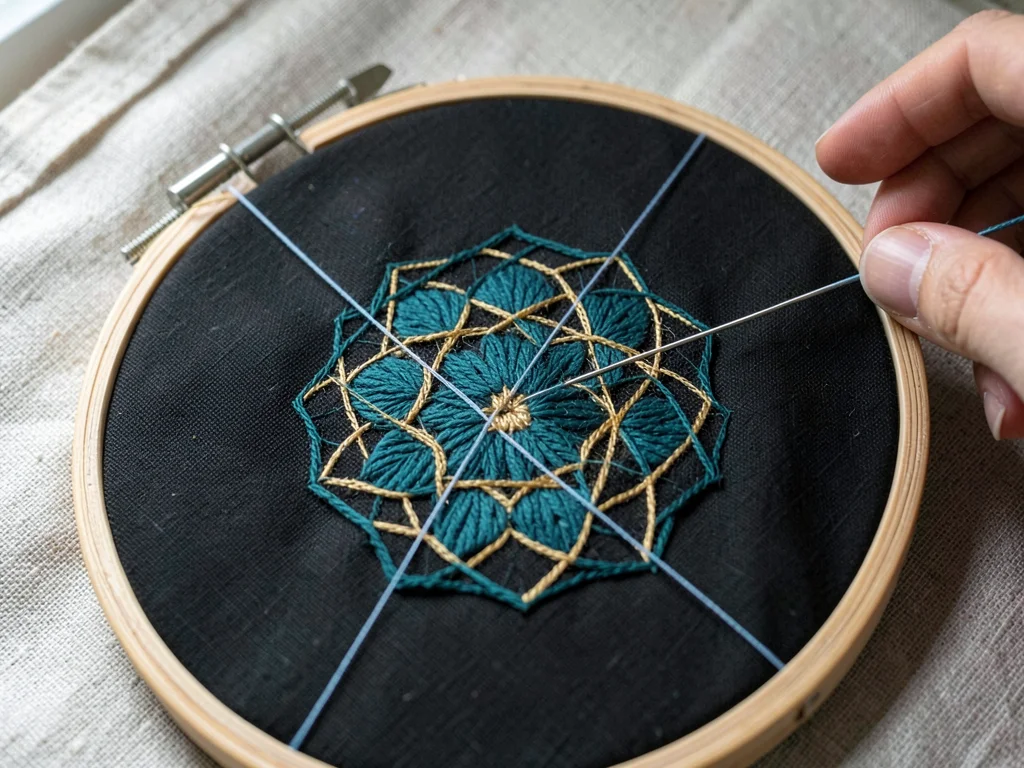 Geometric Mandala in Teal and Gold on Black Linen
