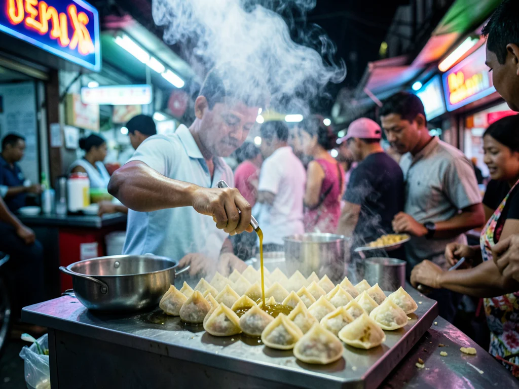 A pani puri vendor in Mumbai, the crisp shells lined up, tamarind water being po