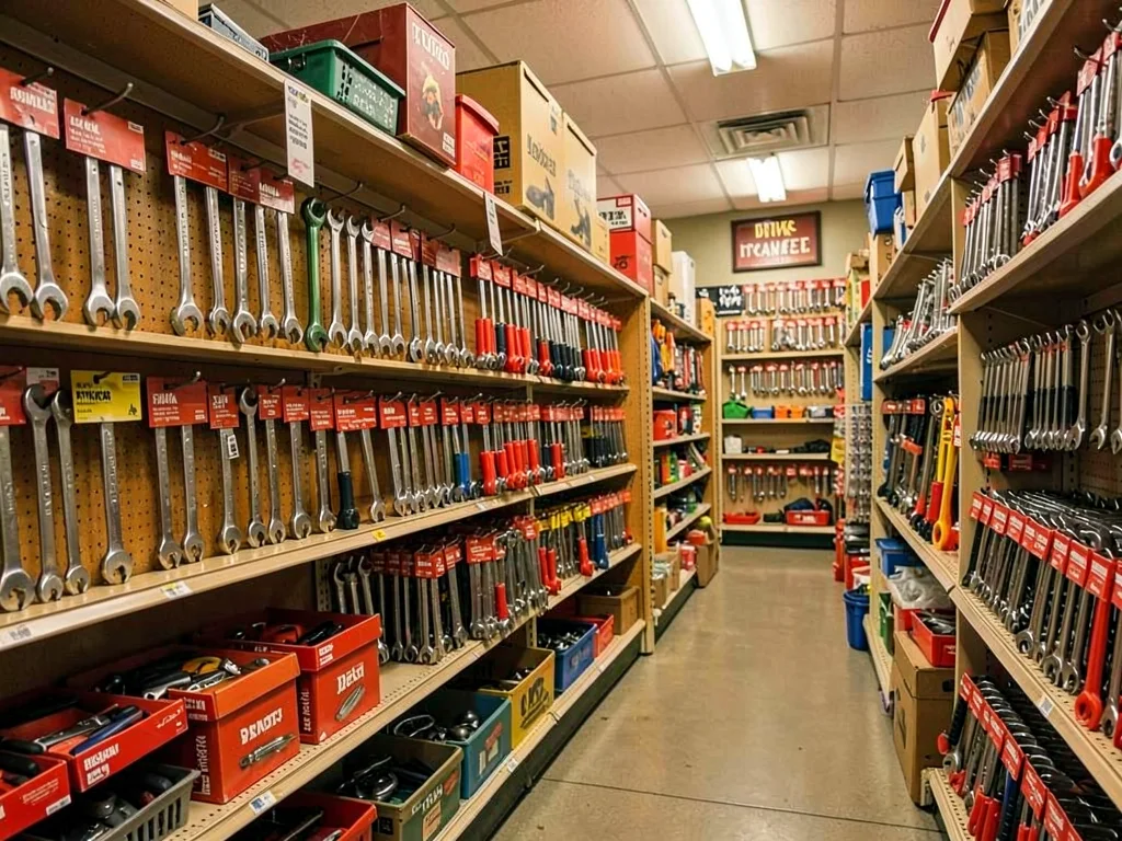 Hand tool aisle, wrenches sorted by type, the organized potential for fixing