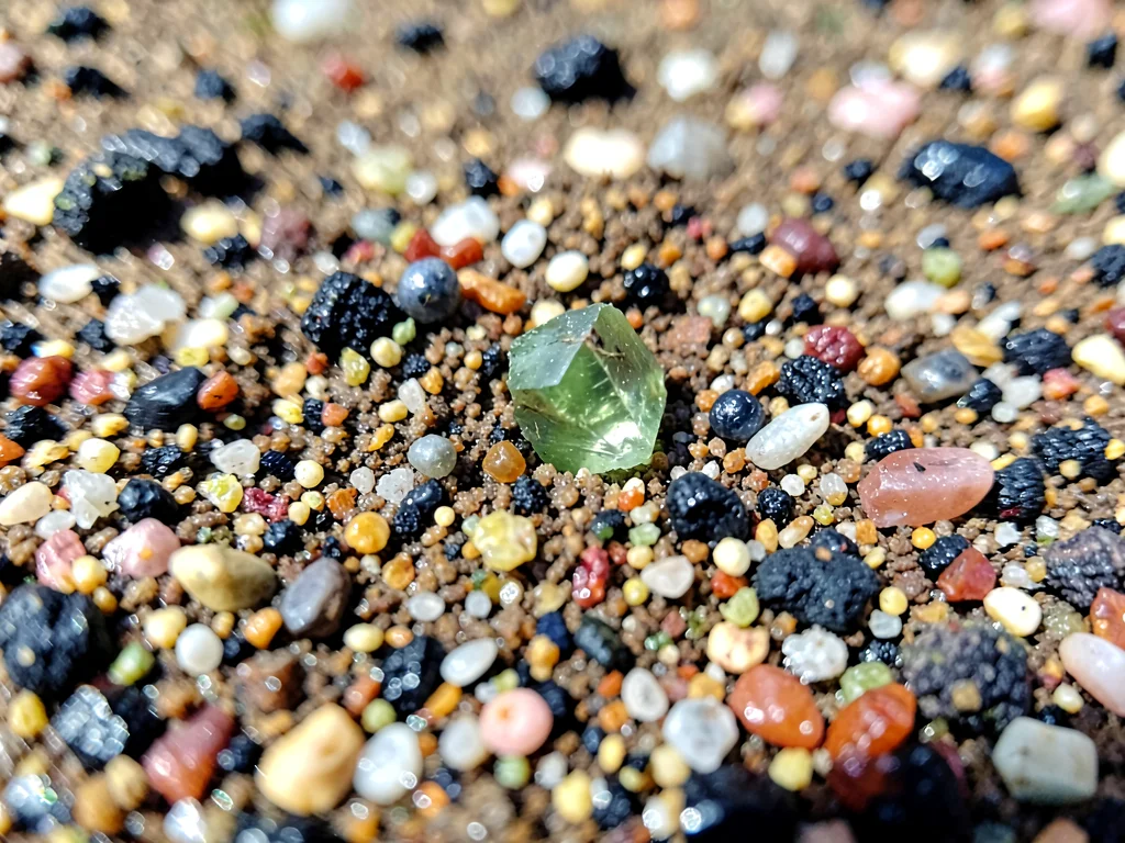 Olivine crystal visible in volcanic beach sand