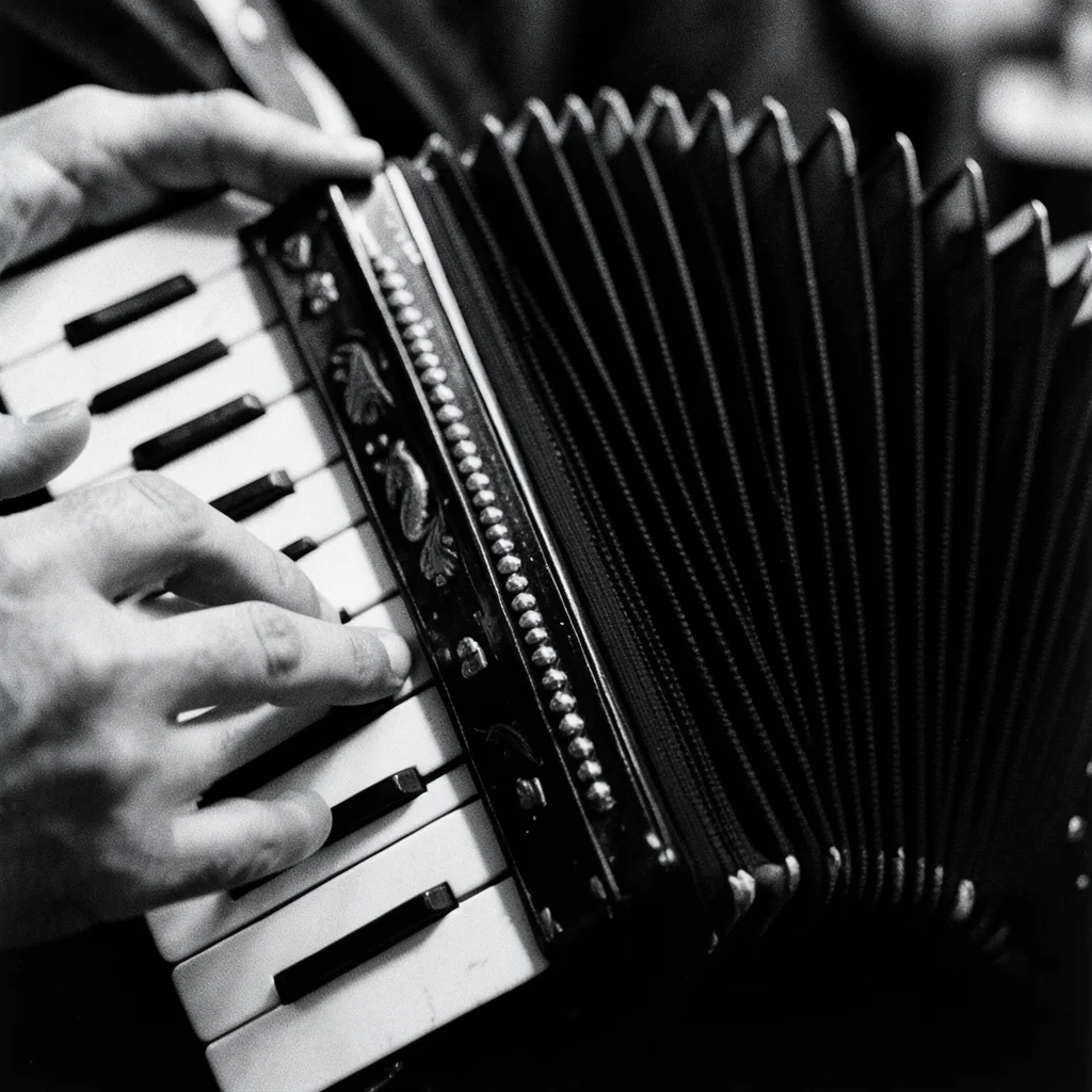 An accordion player's fingers on the buttons, the bellows half-extended, deep sh