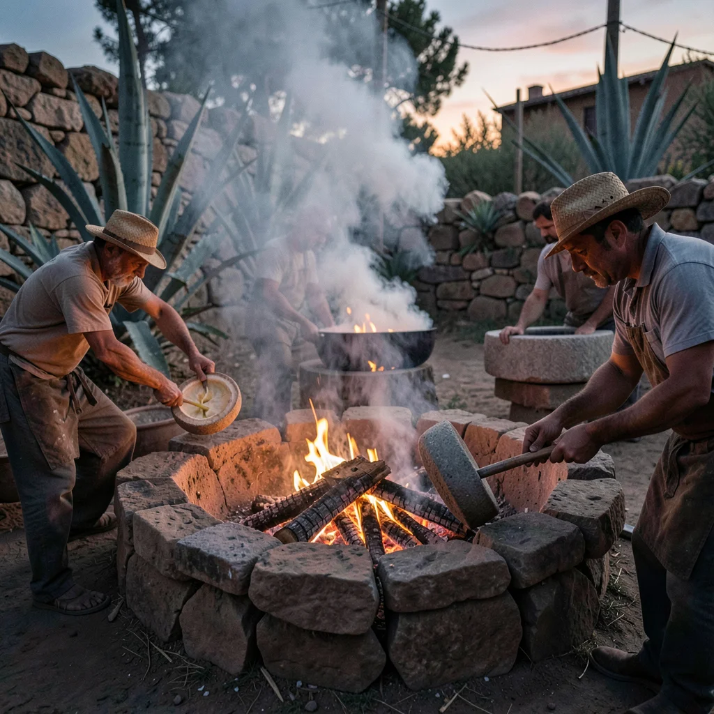 Oaxacan mezcal process, palenque atmosphere, Workers loading split agave hearts 