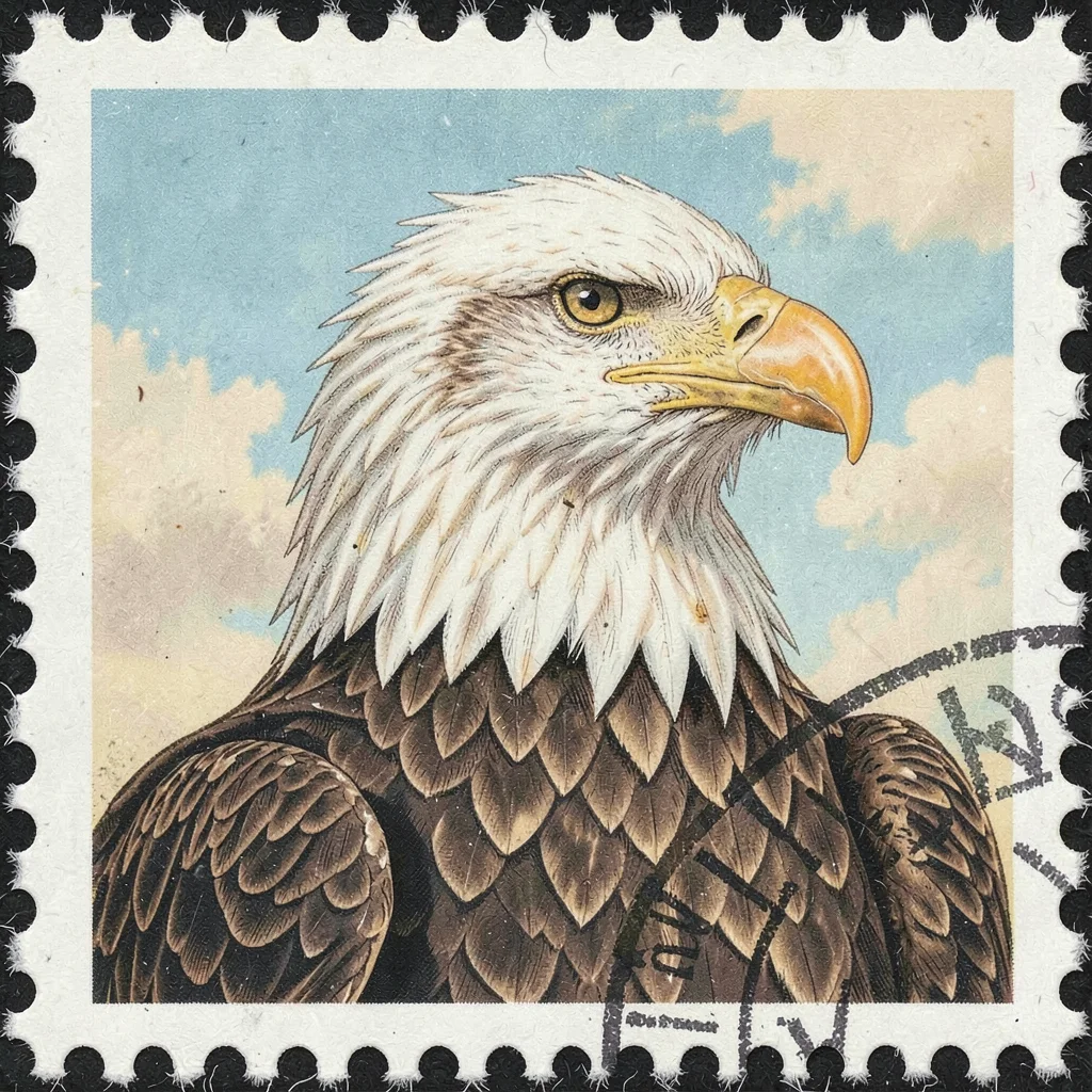 Postage stamp illustration, Bald eagle portrait in realistic detail , tiny perfe
