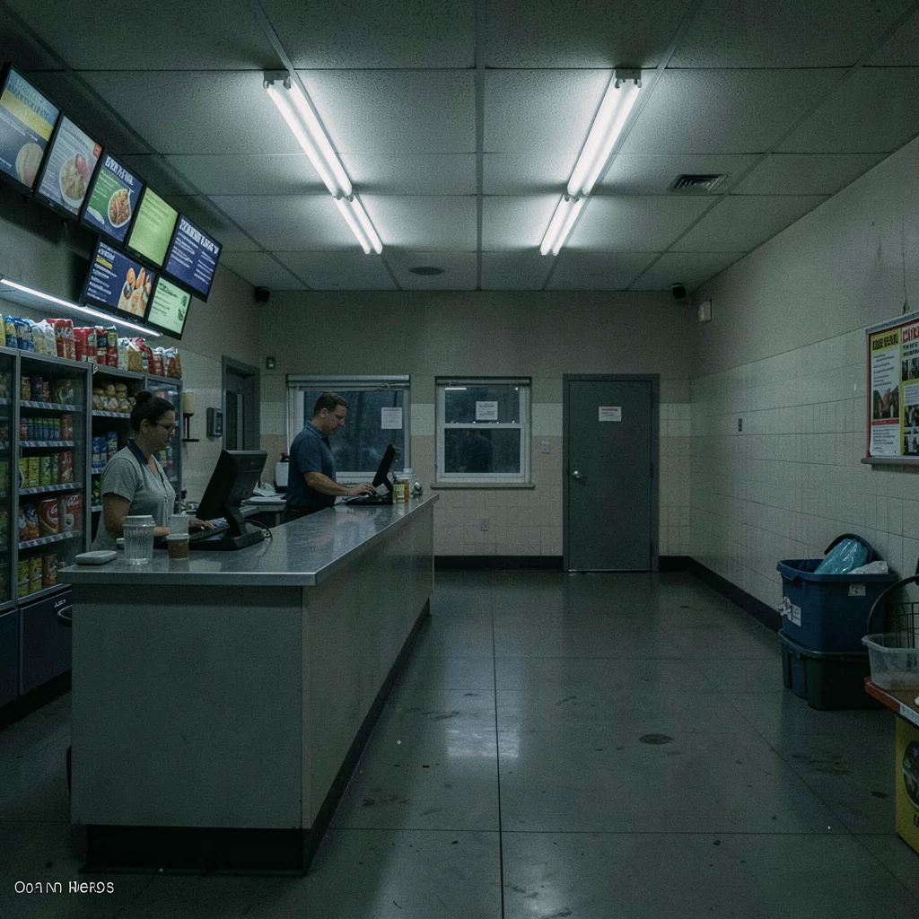 Convenience store checkout at 3am with lone cashier