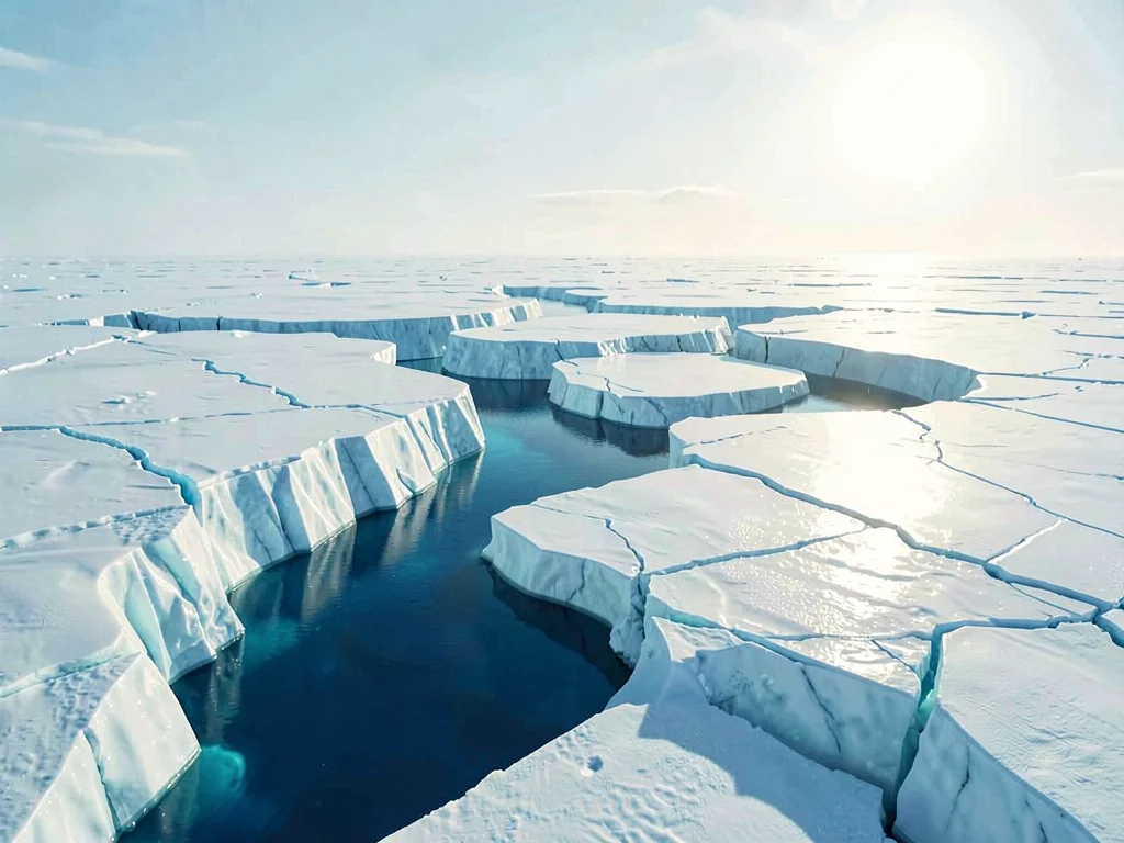 Deep blue meltwater pools in a sinuous channel atop a vast ice sheet, edges glow