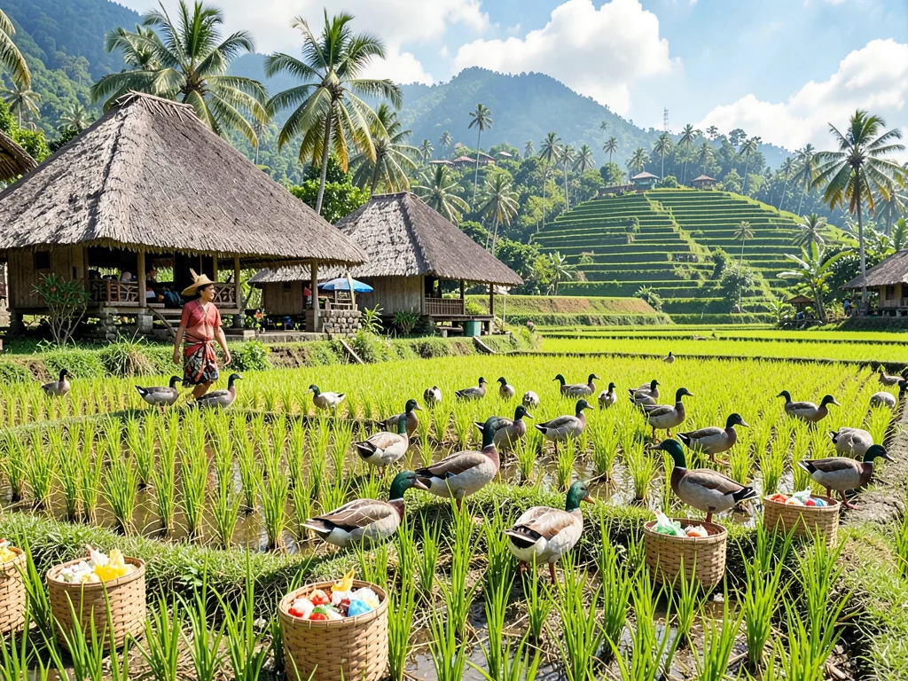 Duck herder in harvested rice field