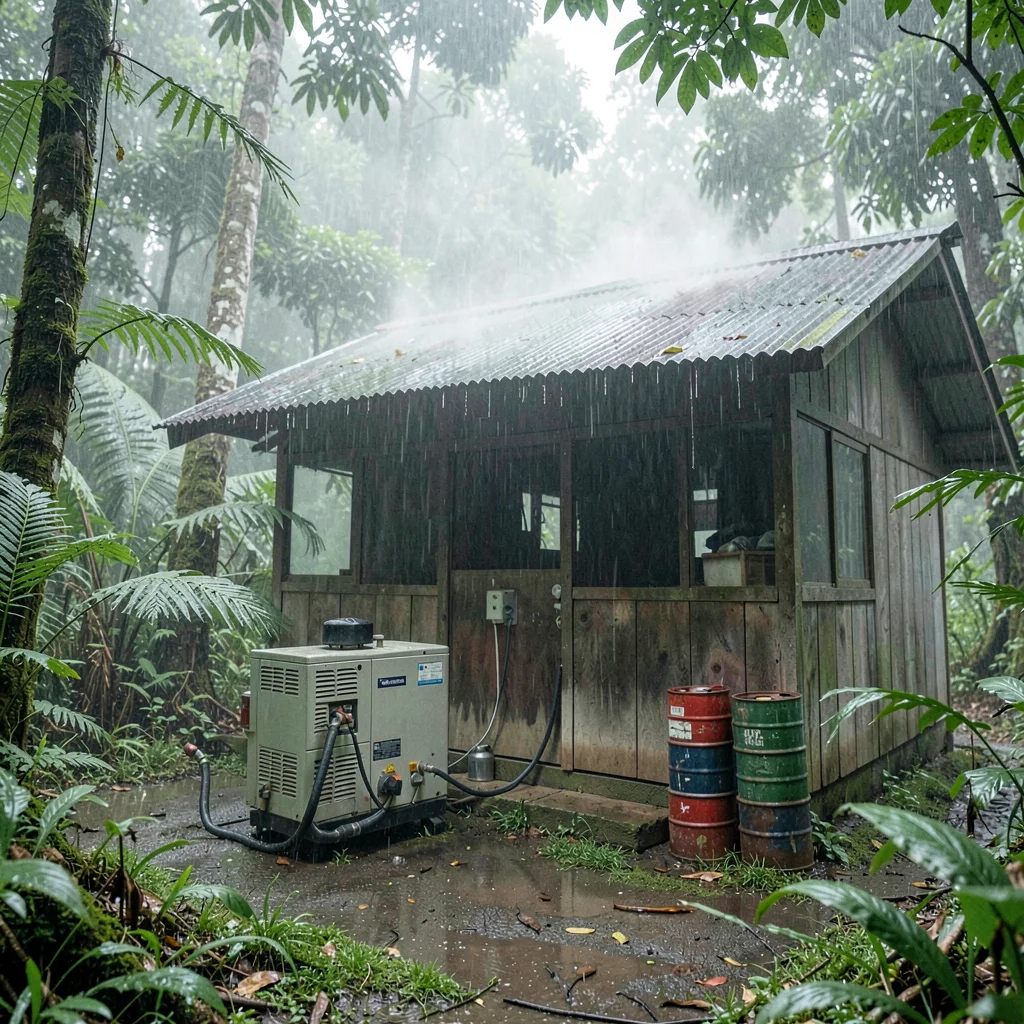 Tropical rainforest photograph, humid jungle atmosphere, A generator running out