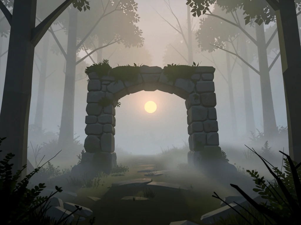 Mossy stone arch standing alone in a forest clearing with fog rolling through th