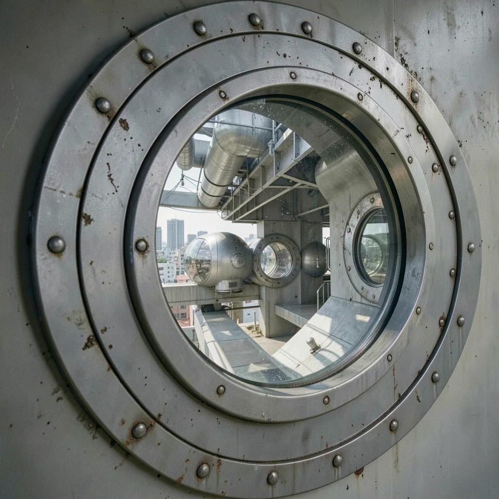Close-up of a circular porthole window from outside — riveted steel surround, re