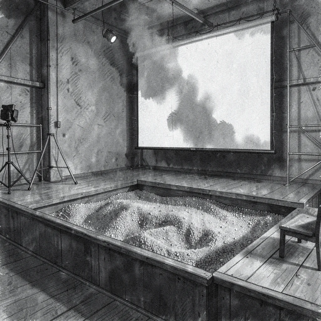 Charcoal editorial study of a foley stage with a gravel pit and projection scree