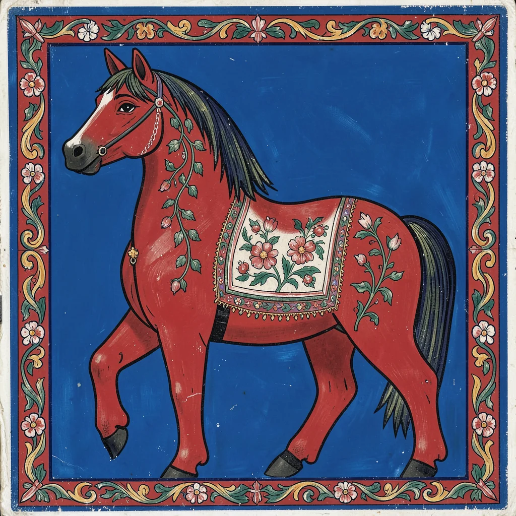 Classic Dala horse in traditional red — kurbits vine and flower decorations on s