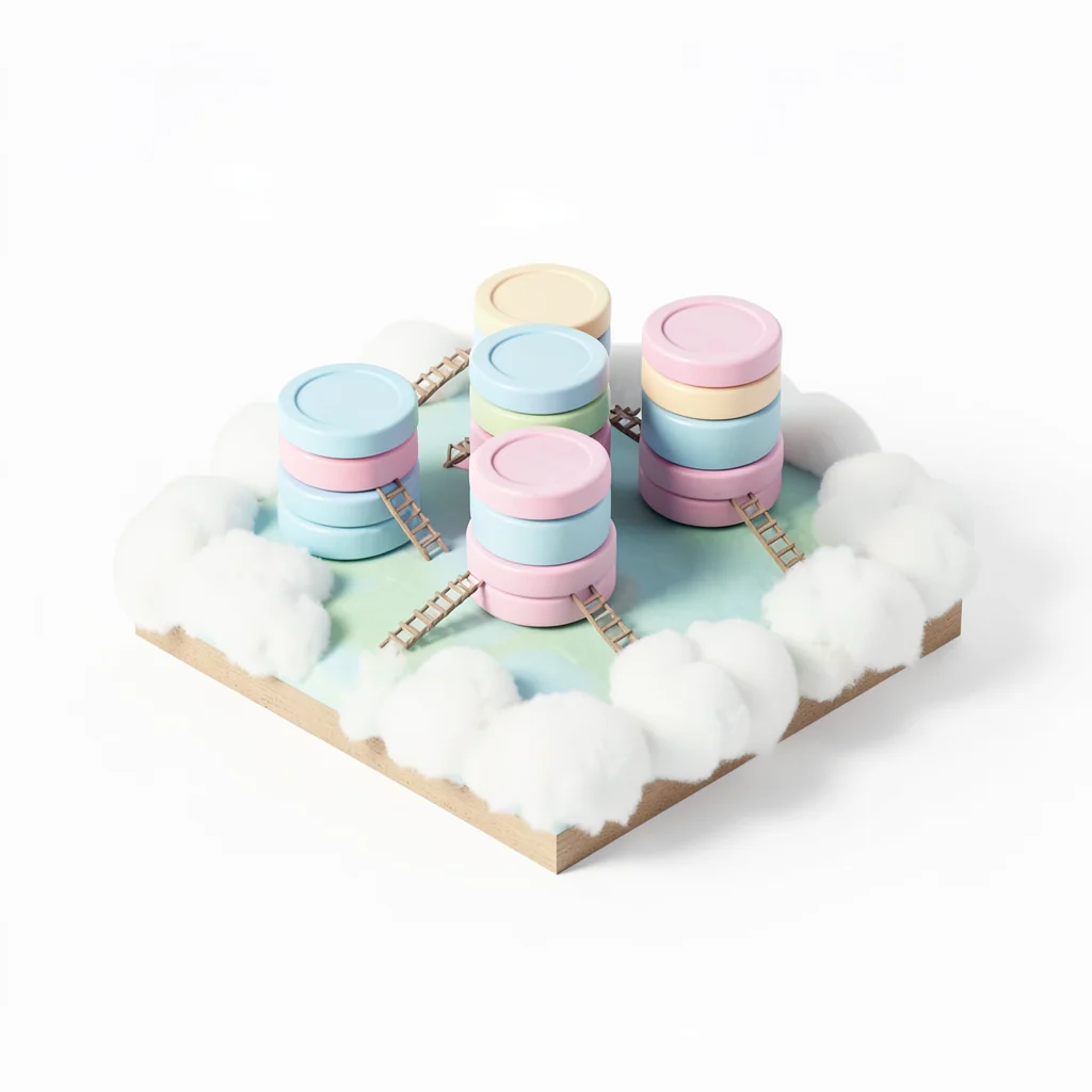 Miniature isometric island made of stacked database-shaped cylinders with tiny l