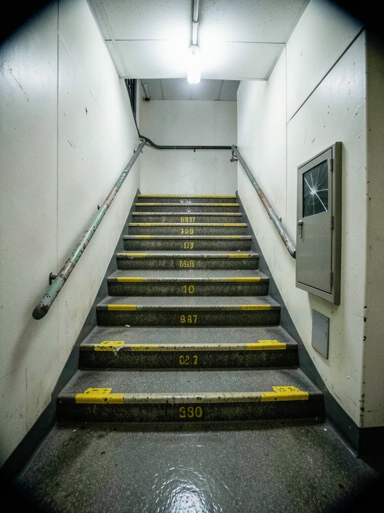 Stairwell in a 1970s office tower, poured concrete steps with yellow safety nosi