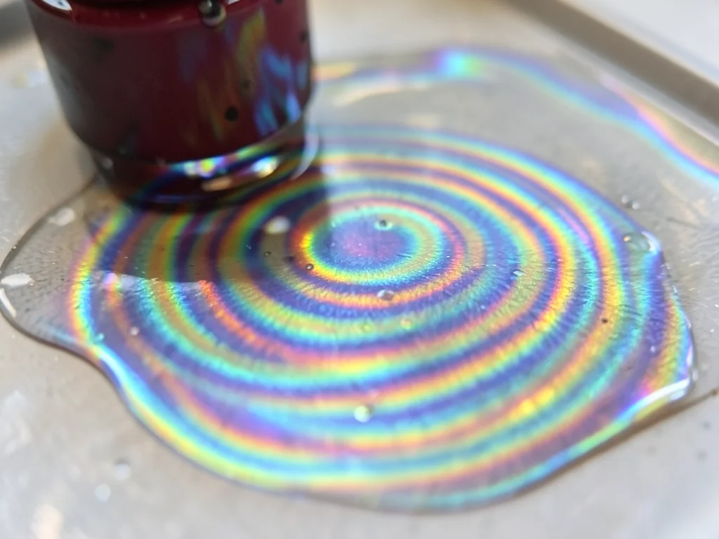 Nail polish in water, thin polymer film spreading on surface creating swirling i