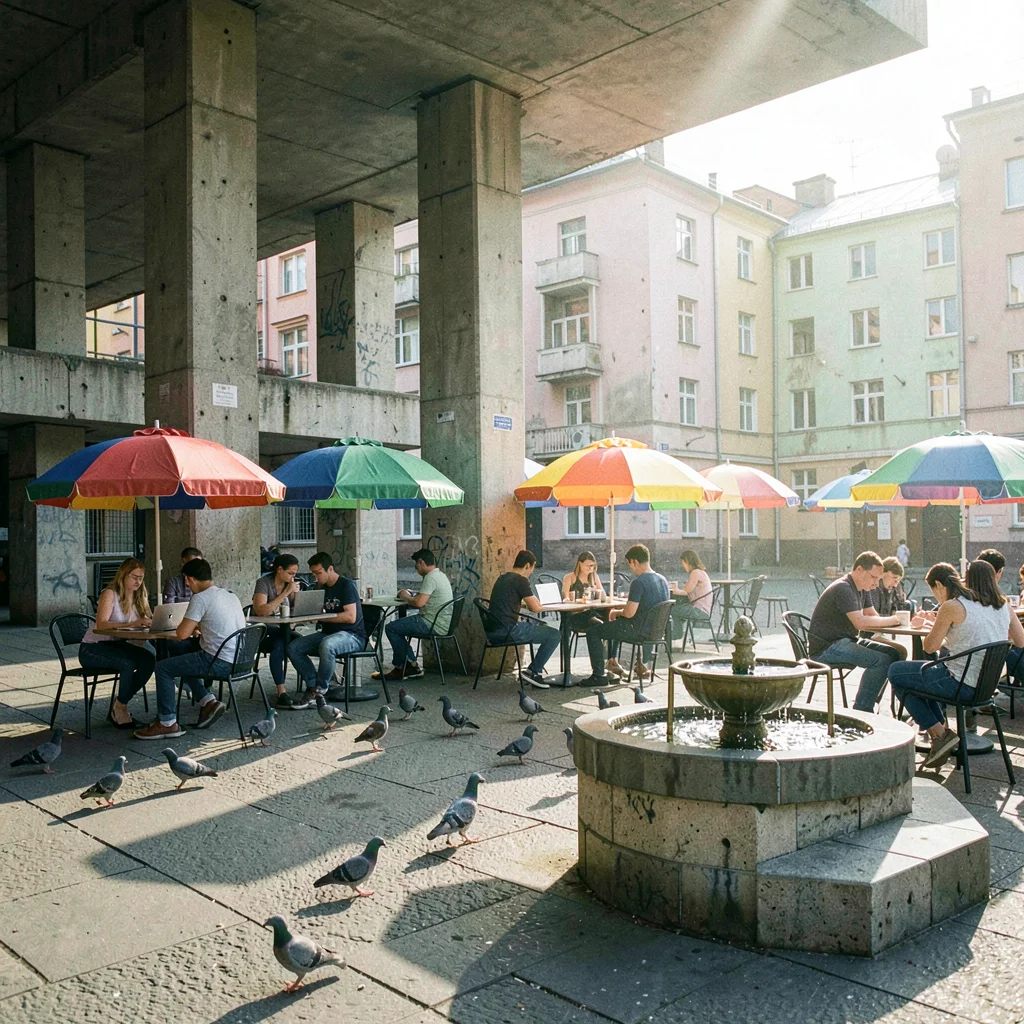 Post-Soviet urban photography, An outdoor cafe occupying a brutalist plaza, colo