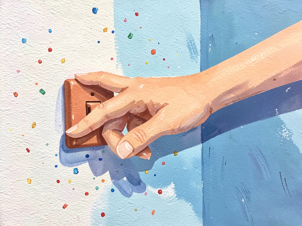 Long flat-painted hand reaches diagonally across the page to flip a tiny terraco