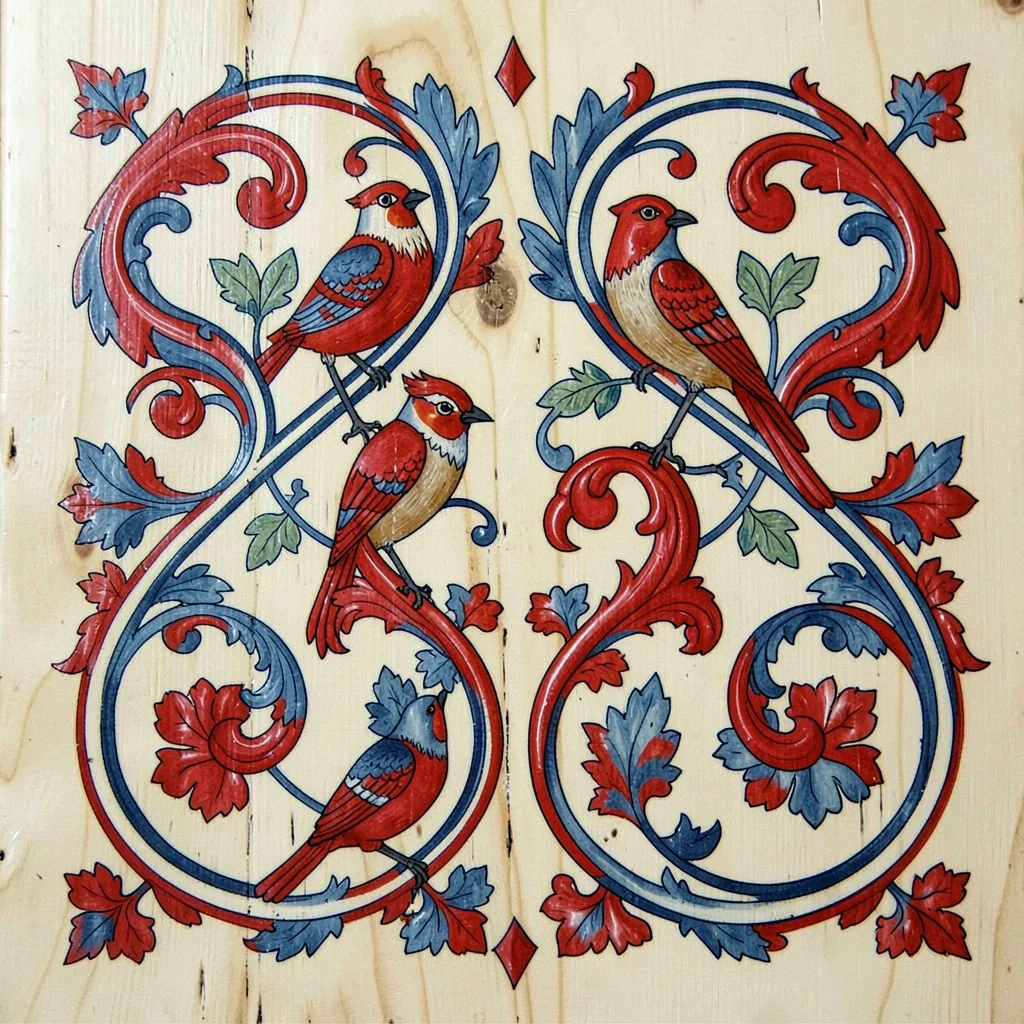 Scandinavian rosemaling illustration, birds perched among acanthus leaf scrolls 