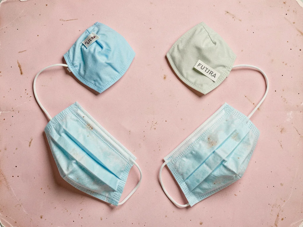 Surgical mask and cap laid out symmetrically, pastel blue on dusty pink surface,