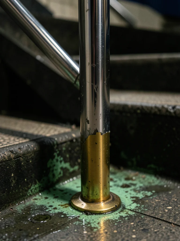 A subway handrail pole at the bottom of the stairs, chrome plated over steel, th