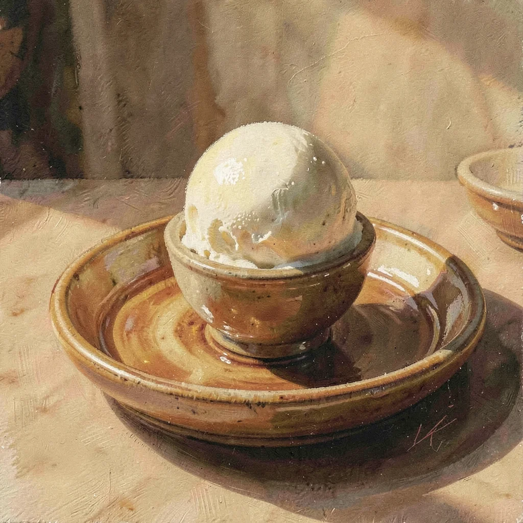 Single scoop served on a warm-tone ceramic plate, golden hour light