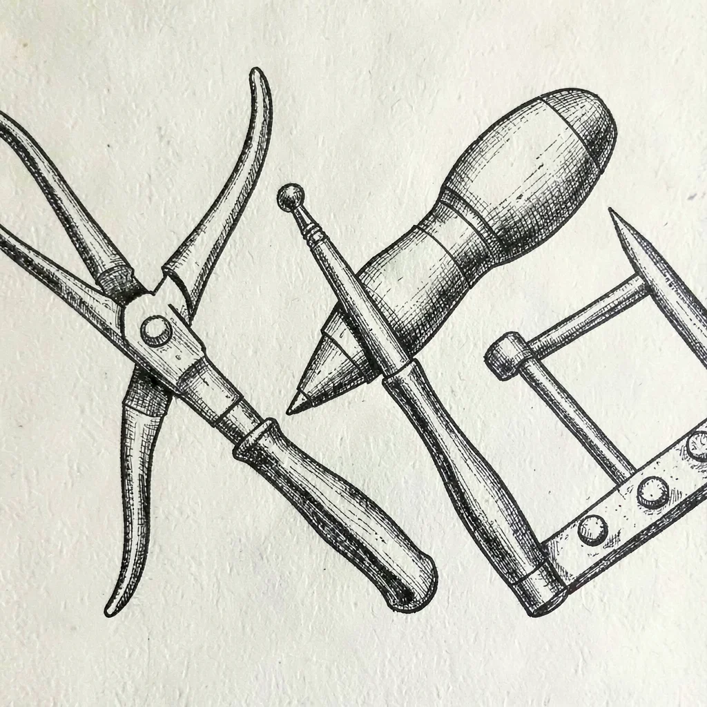 Pen-and-ink illustration of canvas-making tools with shears, palm, awl and rivet