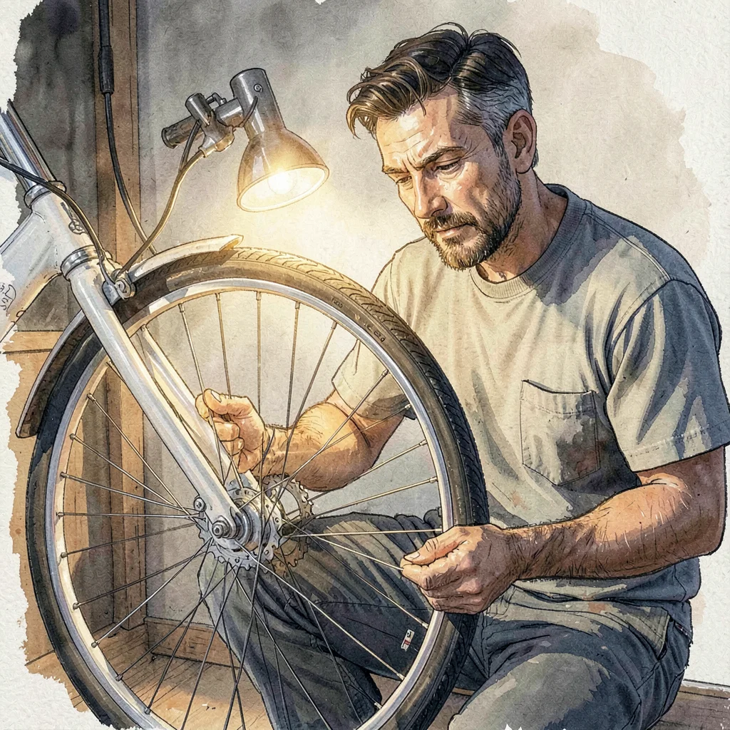 A focused white bicycle mechanic in his thirties truing a wheel, lamp warmth on 