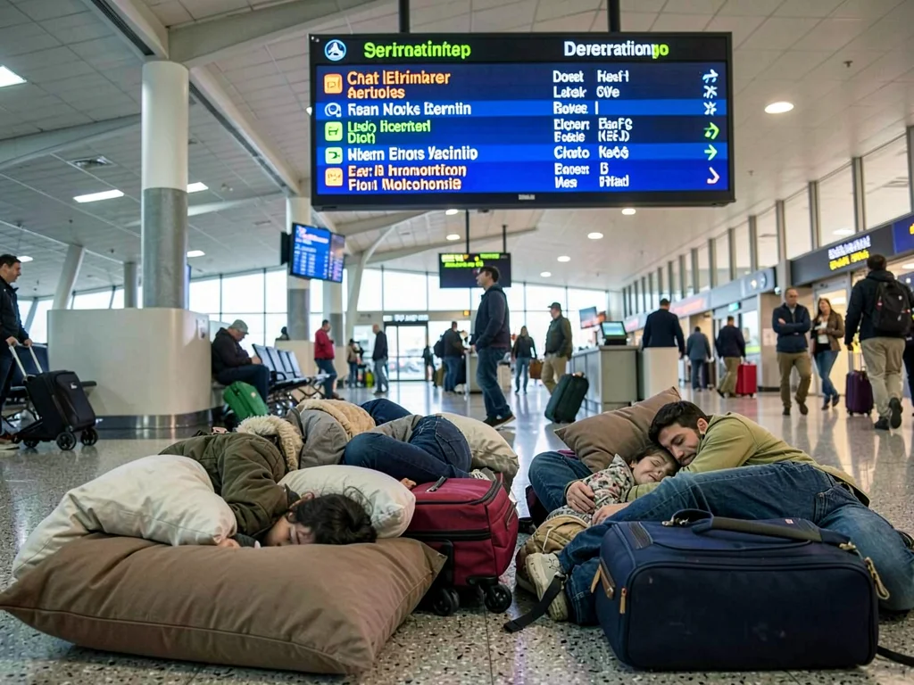 An immigrant family sleeping on airport terminal floor, luggage as pillows, depa
