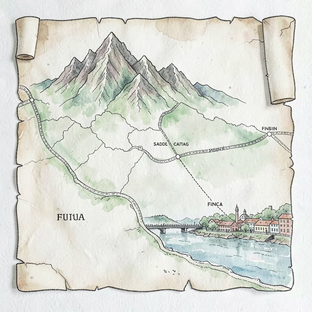 Sweeping parchment map of the entire race region — three mountain stages, a coas