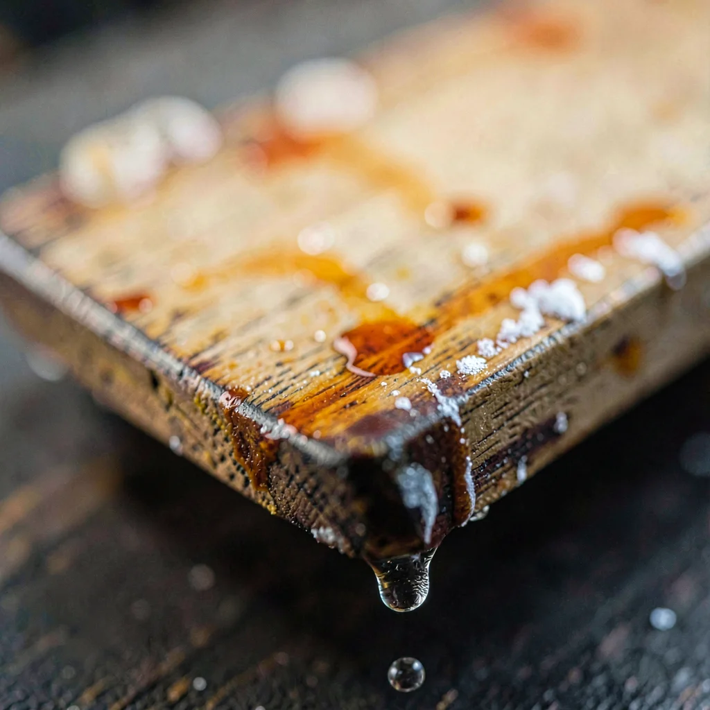 Macro of a wooden paddle stained orange from punching down skins, drips frozen o