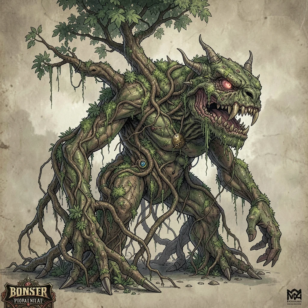 Fantasy creature illustration, a living root system creature, tree-like body wit