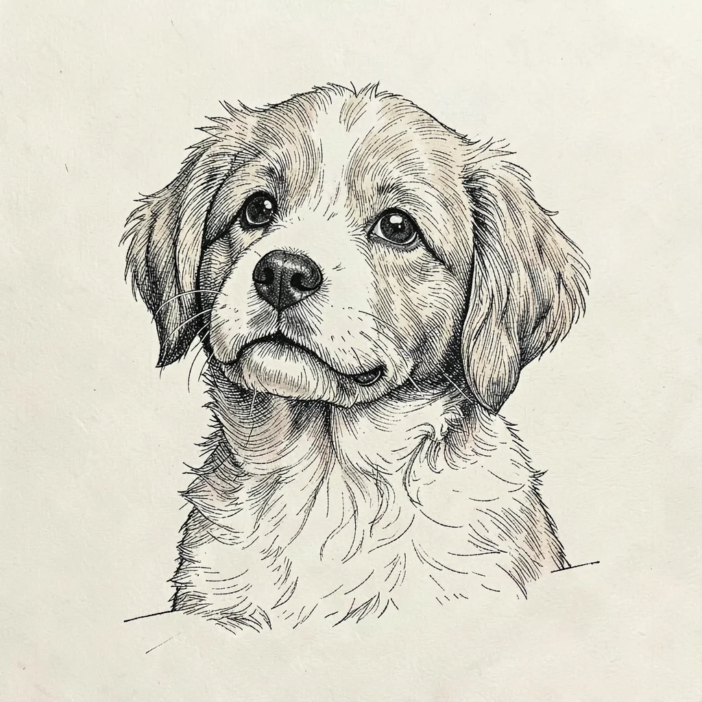 Pen-and-ink study of a friendly puppy looking up, fine hatching, calm cream pape