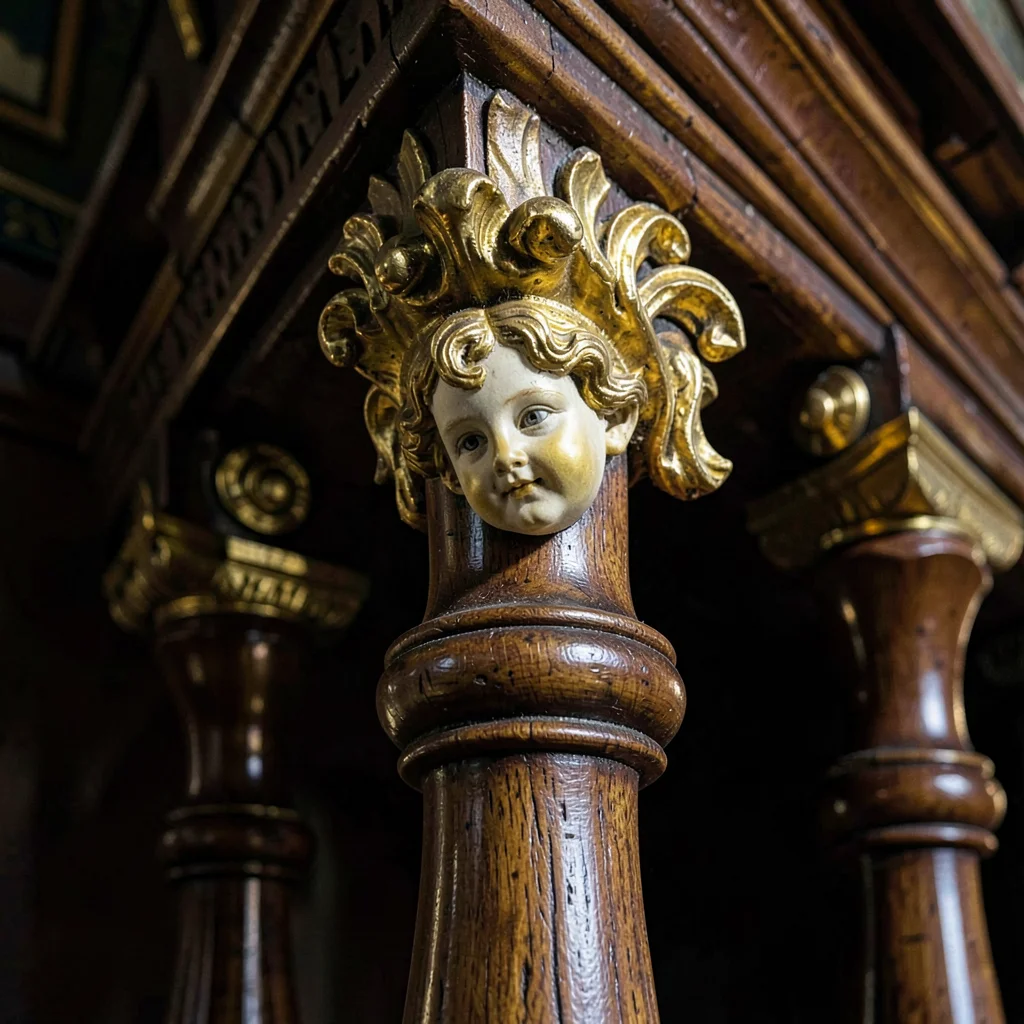 Baroque ornament fragment, Moravian gilt detail, Altar rail spindles, turned woo