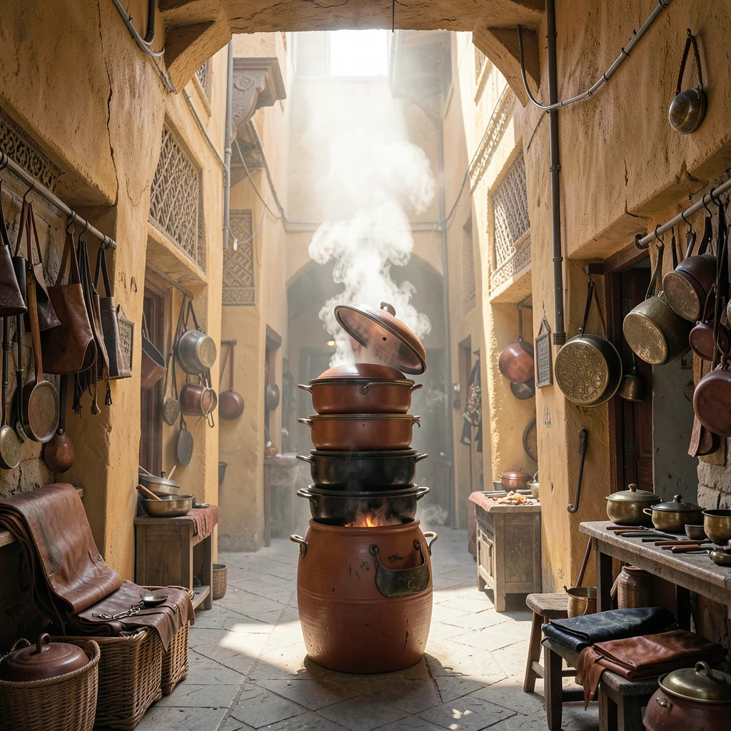 Fes medina light penetration, souk depth, tagine pots stacked in terracotta towe