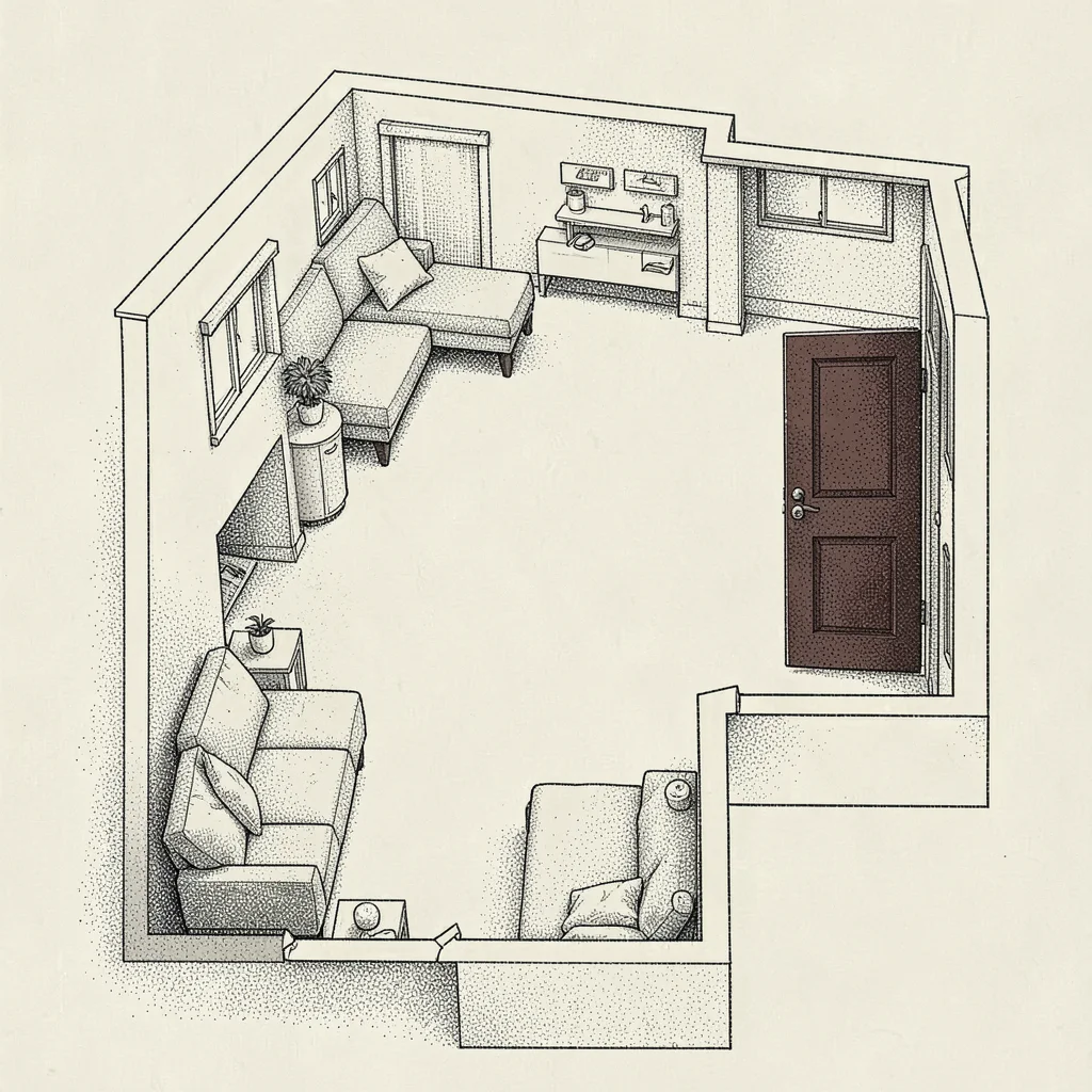 Floorplan of a small apartment lays out stippled furniture and one oxblood front