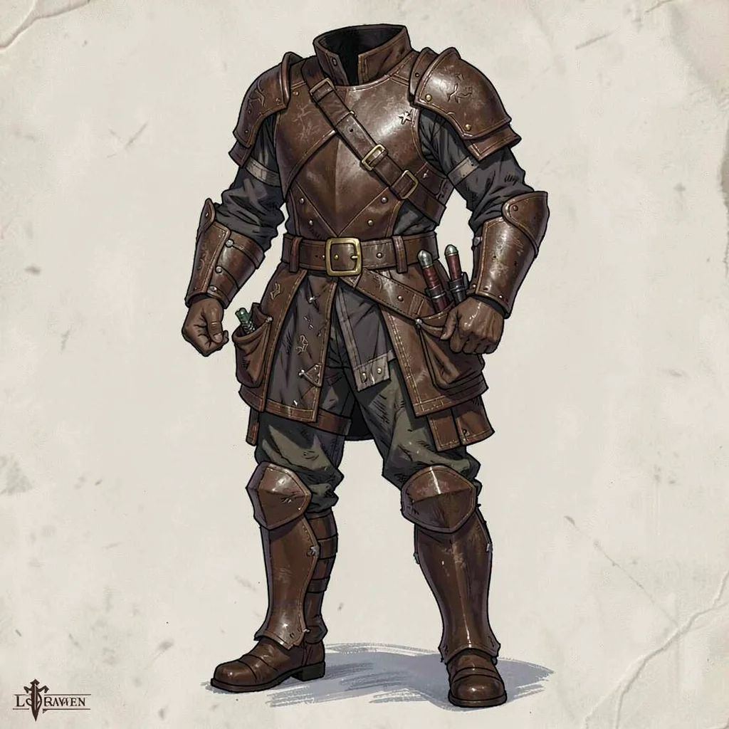 Fantasy armor illustration, a rogue's leather armor with hidden pockets and thro