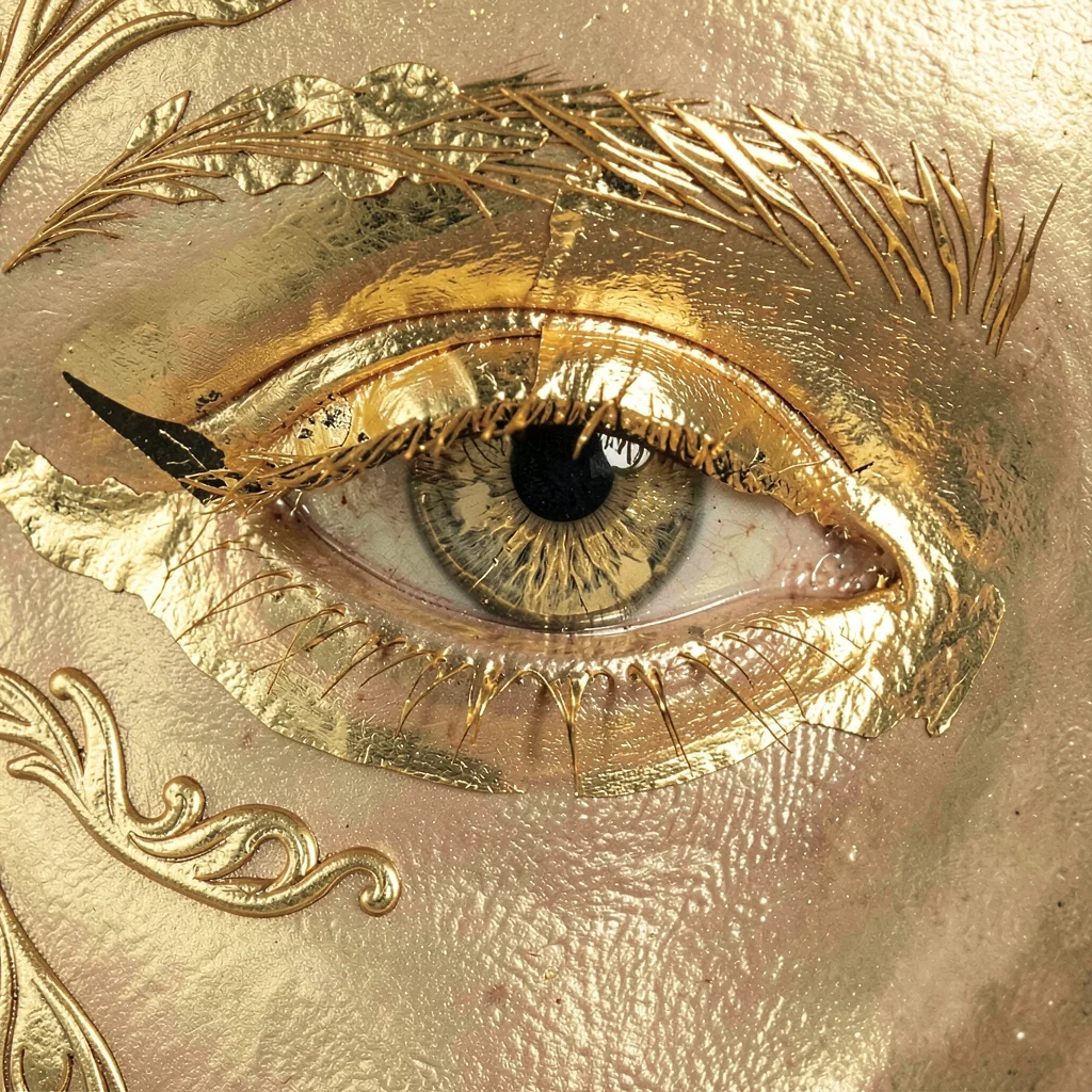 A close-up of an eye with gold leaf gilded over the iris and lash line