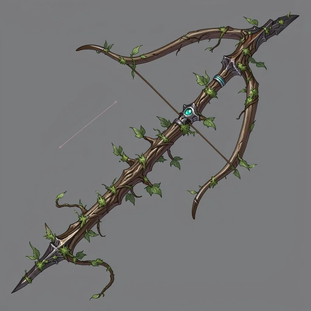 Fantasy weapon illustration, an elven longbow made of living wood, leaves growin