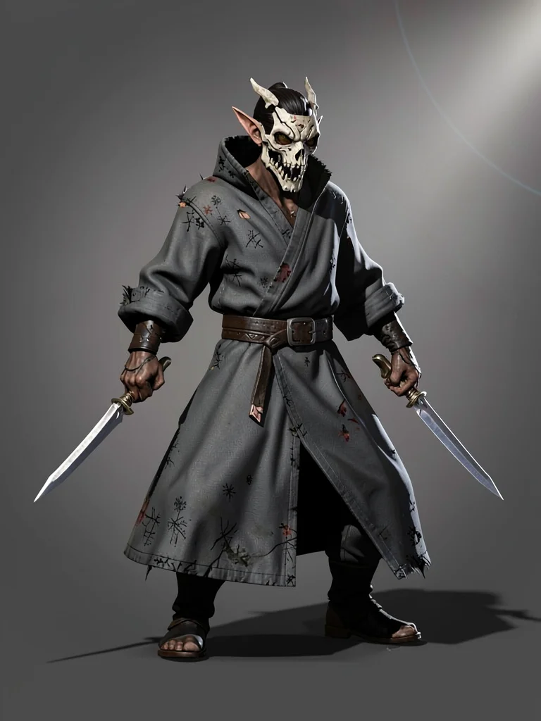 Ash-marked shadow-elf assassin in charcoal cloak and bone-mask, twin daggers rev