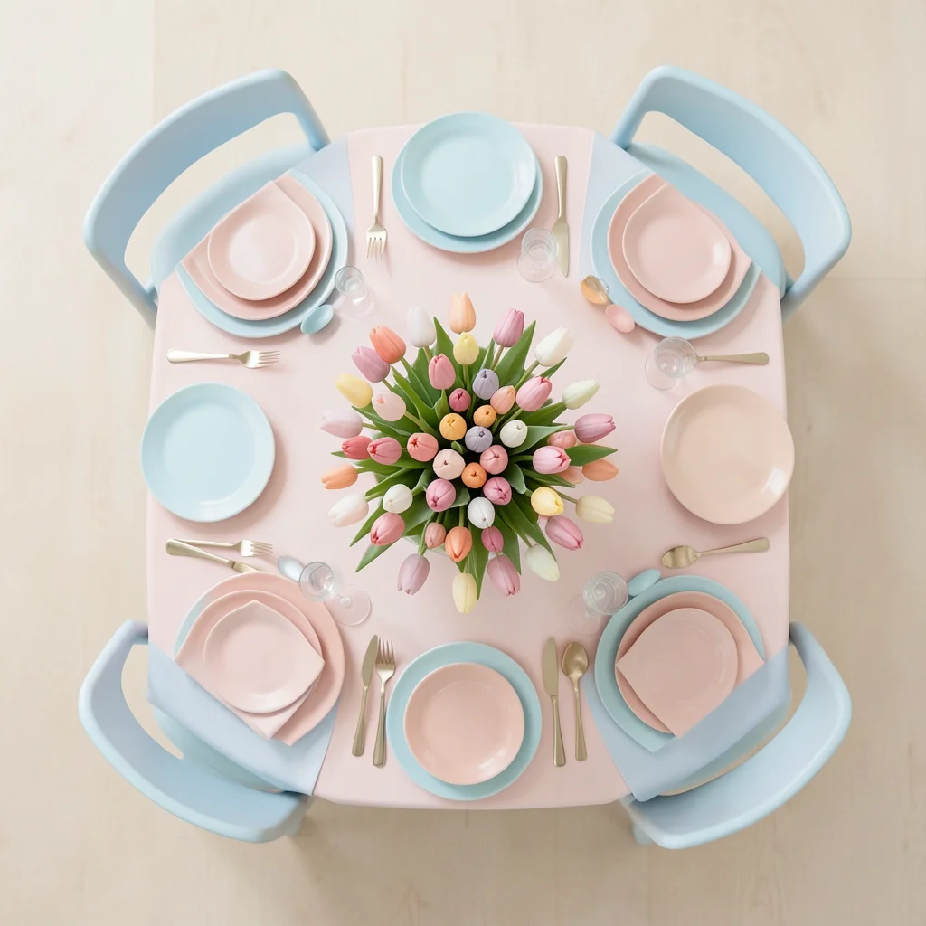 An Easter brunch table seen from directly above — symmetrical place settings in 