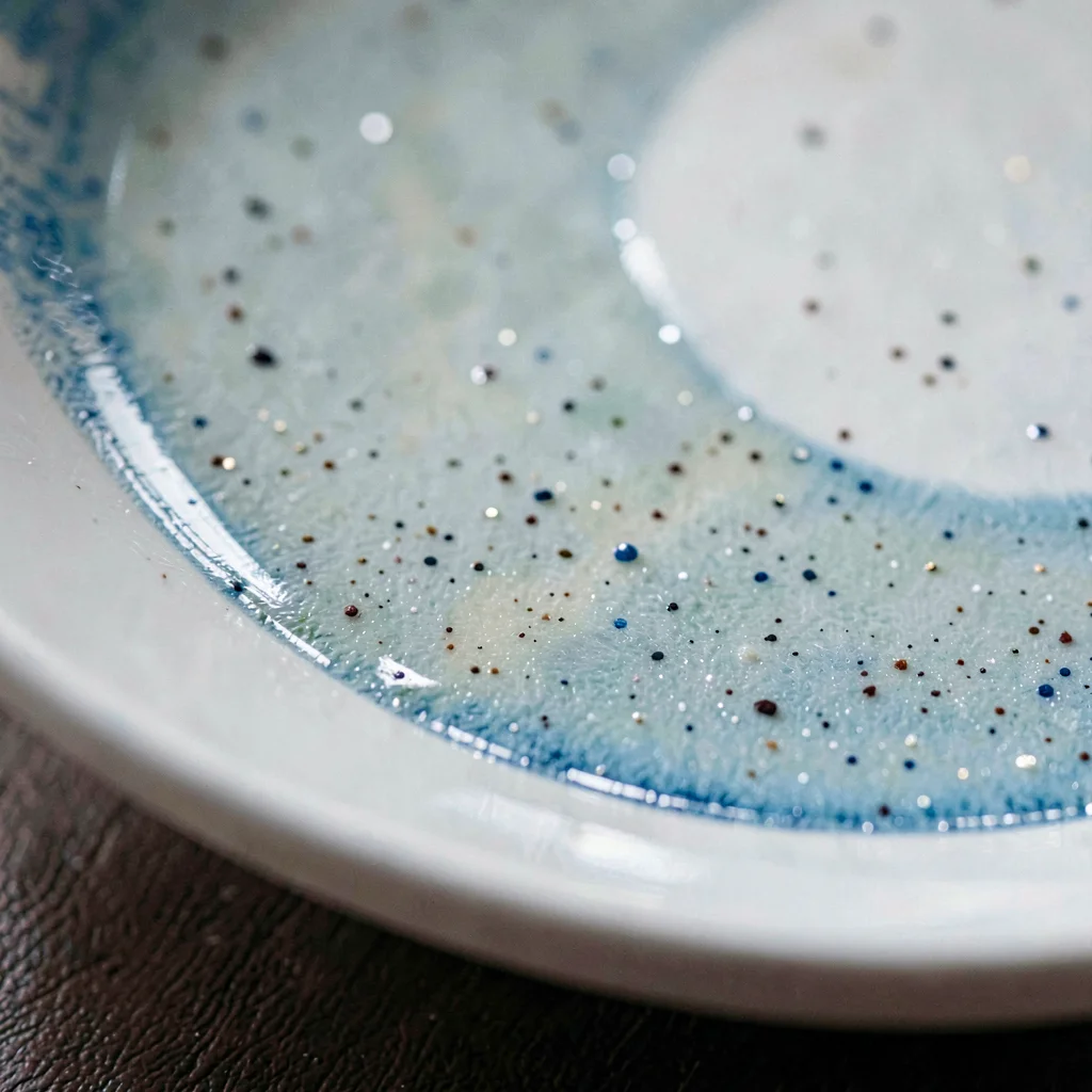 Mineral macro of a fine reactive glaze drift along a saucer well, soft mineral s