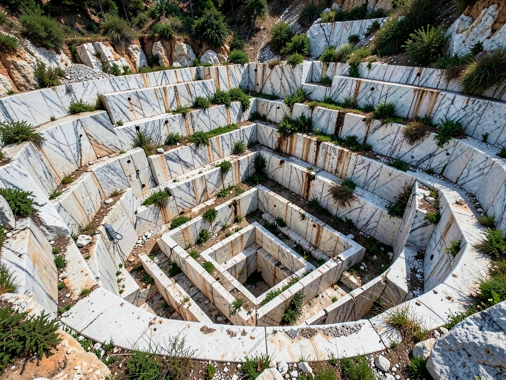 Abandoned extraction level overgrown but geometry visible