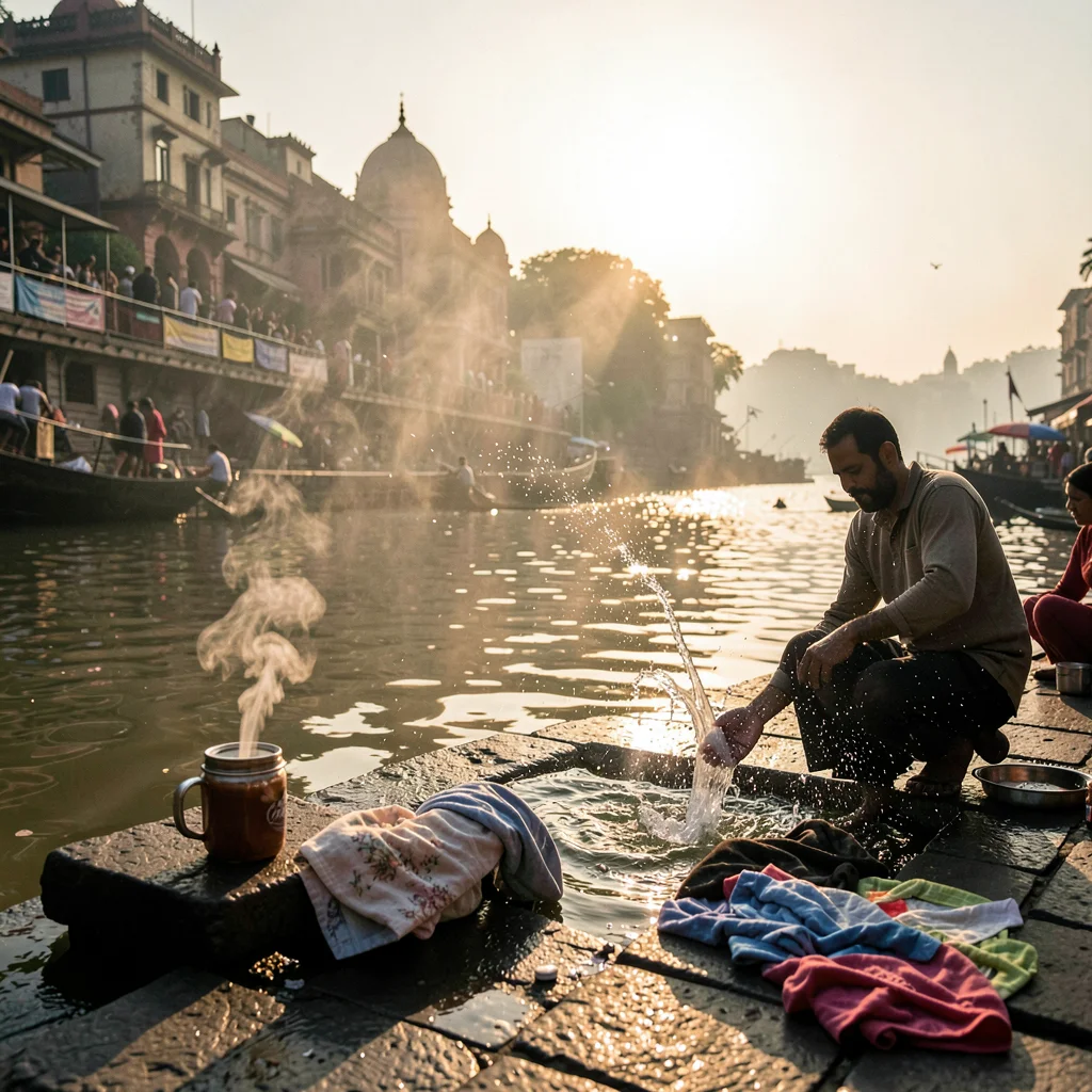 Sacred smoke catching golden Ganges light in Varanasi, Laundry being beaten on s